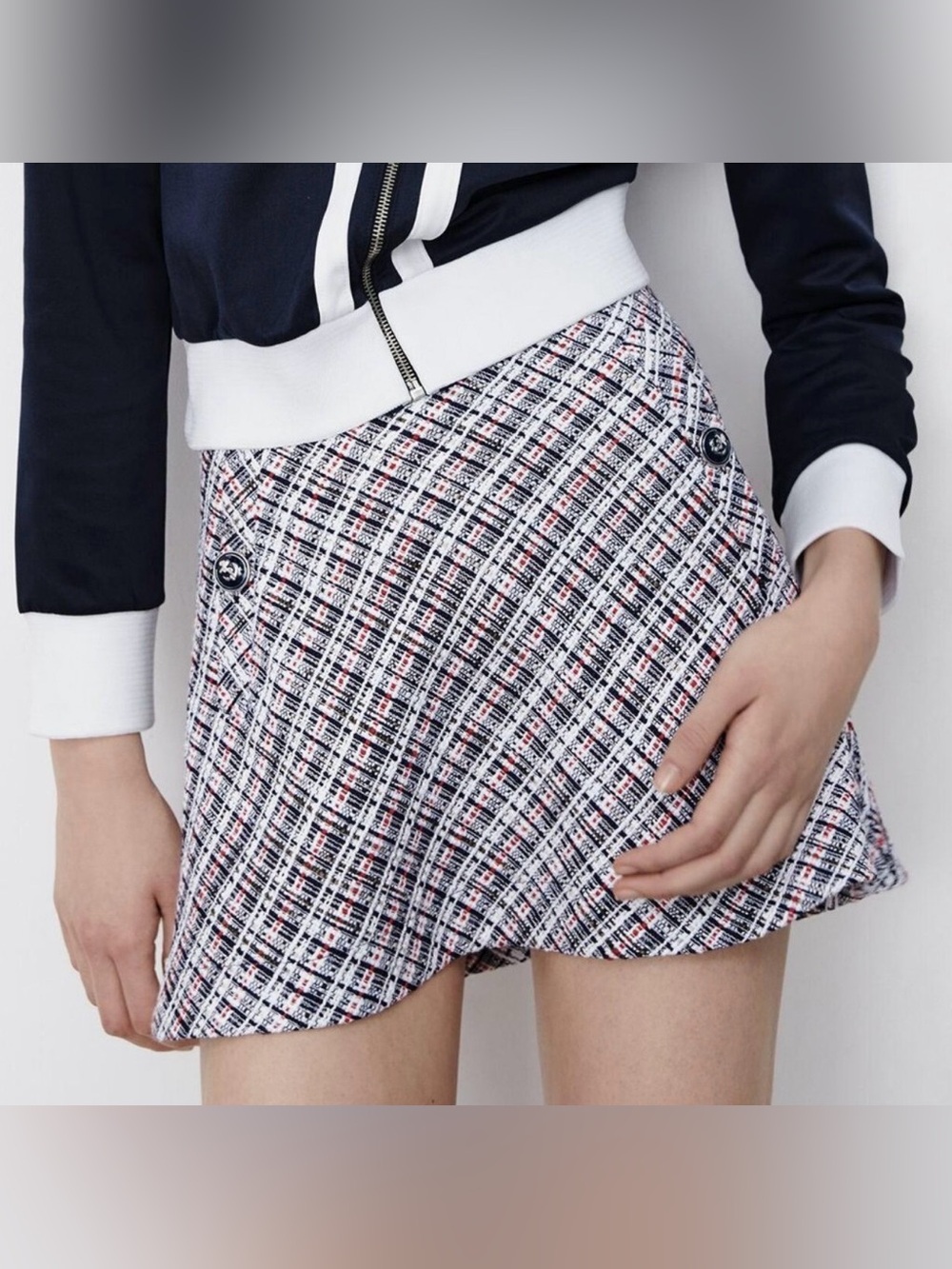 NWOT Zara Tweed Textured Weave Nautical Anchor Button High Waist Mini Skirt - L - Picture 3 of 16